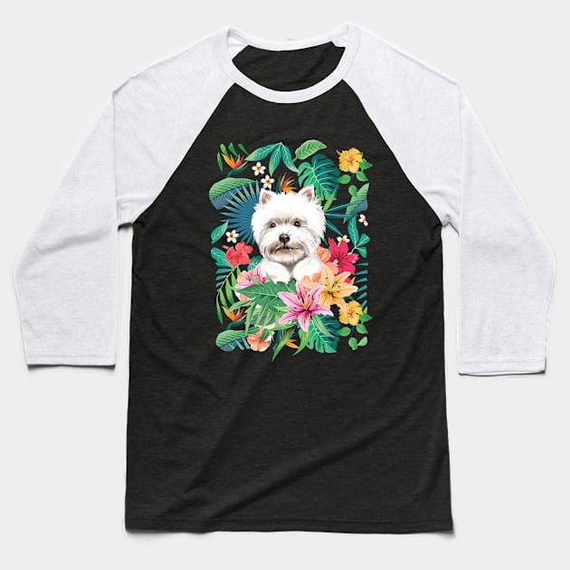 Tropical Westie West Highland white terrier Puppy Baseball T-Shirt by LulululuPainting